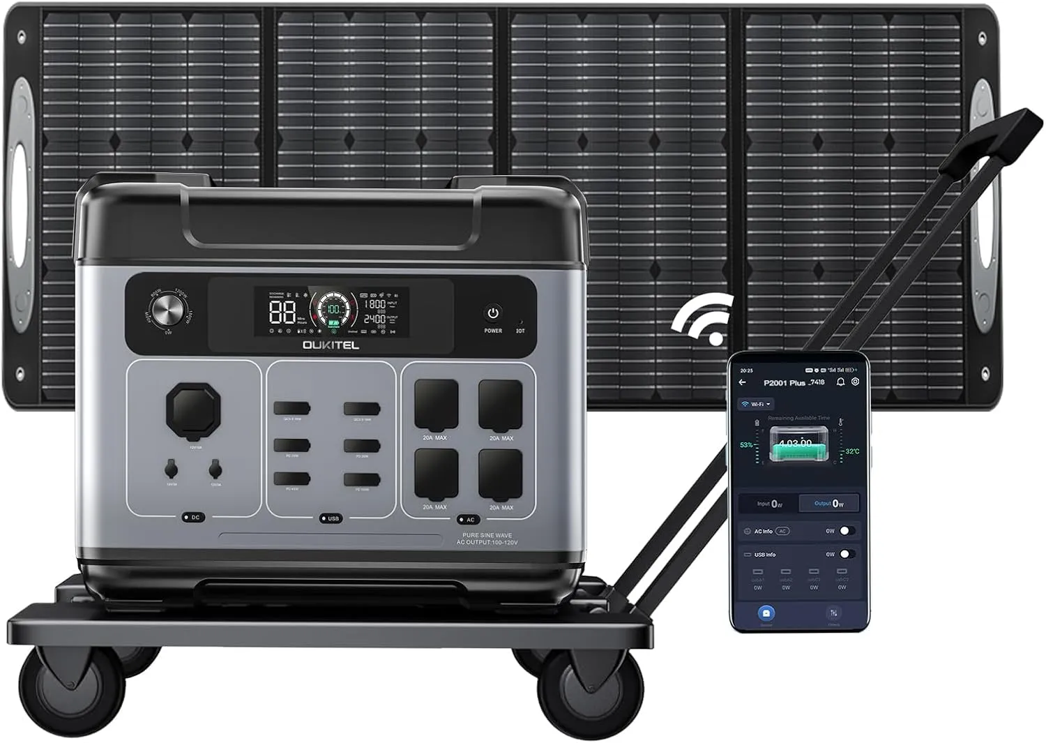 OUKITEL P2001 PLUS 2400W Power Station with 200W Solar Panel and Cart, 2048Wh Solar Panel(Peak 5000W) 1800W Fast Charging APP Control Emergency LiFePO4 Battery for Home Backup Camping RVs