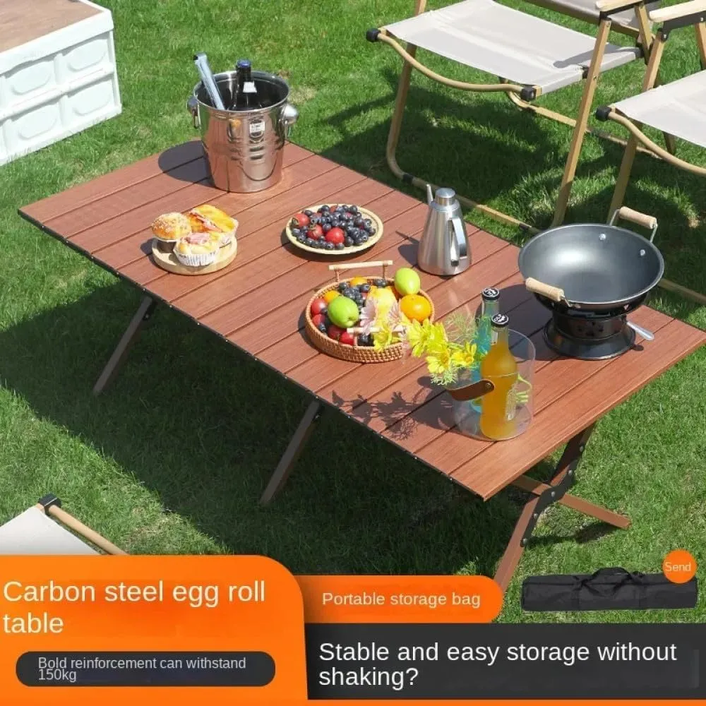 Outdoor Camping Table Folding Wood Grain Carbon Steel Egg Roll Portable Bea Table air Tourist Plate Table Camping,12 L