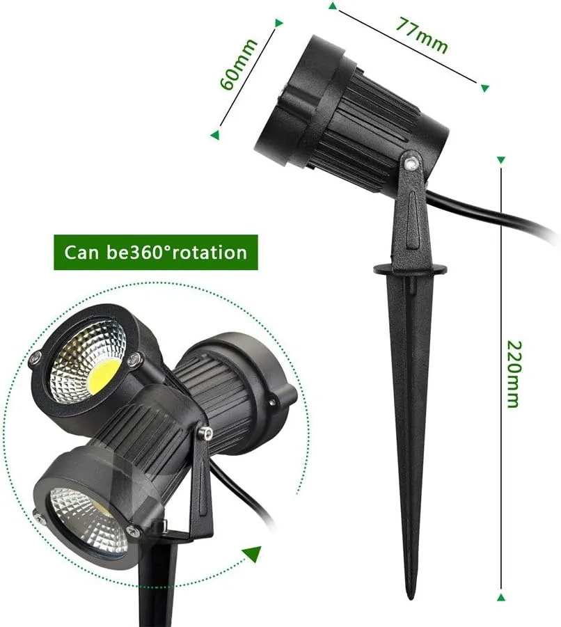 Outdoor Landscape LED Lighting 5W Waterproof Graden Lights COB Led Spotlights with Spiked Stand for Lawn Decorative Lamp US 3- Plug 6500K Daylight White Lights (2 Packs)
