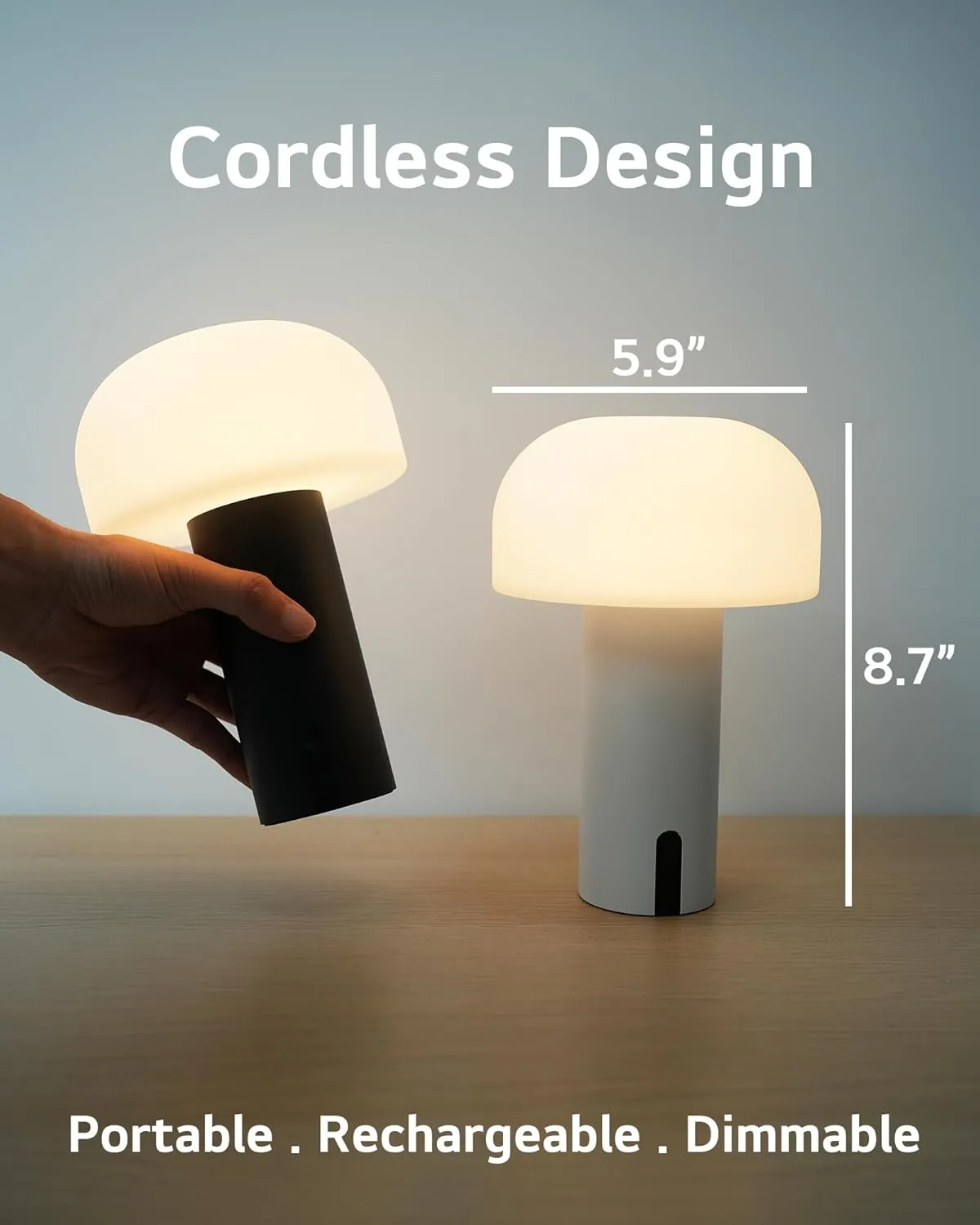 Outdoor Mushroom Table Lamp Rechargeable, Cordless Lamps for Patio Waterproof, Portable Battery Operated Lamp with USB Charging, Touch Dimming Night Light for Home/Porch/Restaurant (Black)