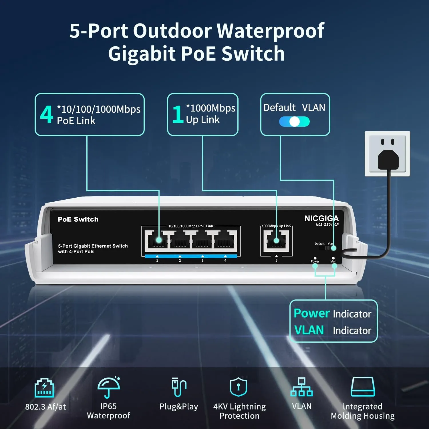 Outdoor Waterproof 4-Port Gigabit PoE Switch with 4 Port PoE @78W   1000Mbps Uplink Port, 5 Port IEEE802.3af/at Power Over Ethernet Switch Unmanaged with VLAN Function, Plug & Play