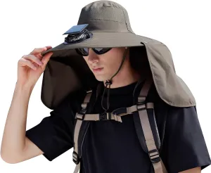 Outdoor Wide Brim Sun Hat with 2 Solar Fan Sun Bucket Hat for Men Women UPF 50  Bucket Fishing Hat with Fan Built in