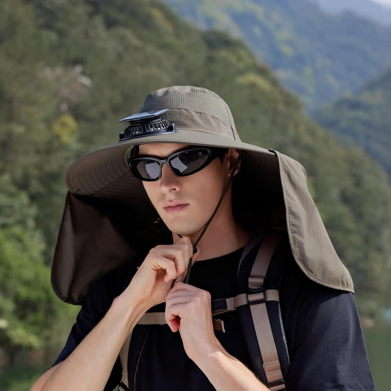 Outdoor Wide Brim Sun Hat with 2 Solar Fan Sun Bucket Hat for Men Women UPF 50  Bucket Fishing Hat with Fan Built in