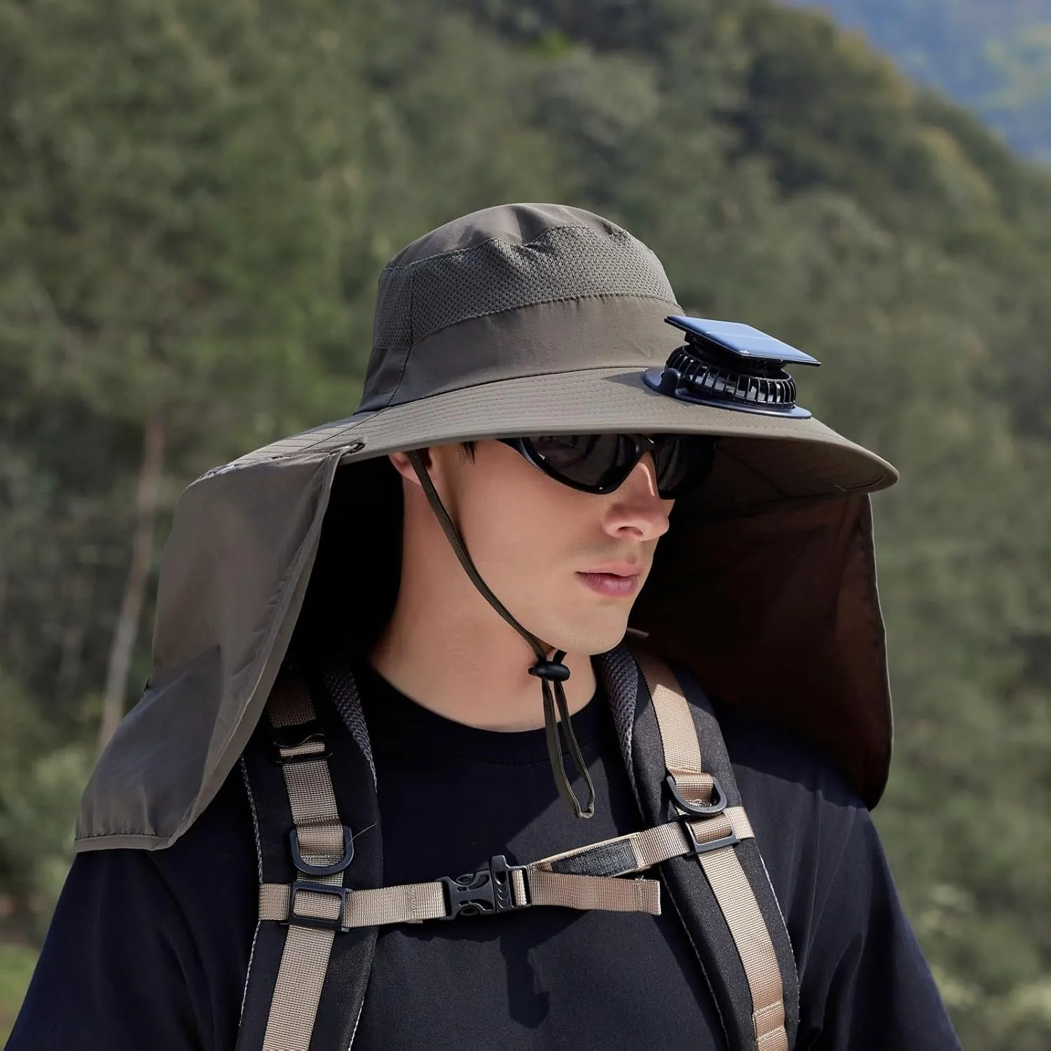 Outdoor Wide Brim Sun Hat with 2 Solar Fan Sun Bucket Hat for Men Women UPF 50  Bucket Fishing Hat with Fan Built in