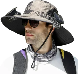 Outdoor Wide Brim Sun Hat with 2 Solar Fan Sun Bucket Hat for Men Women,Solar with Built in Fan UPF 50  Outdoor