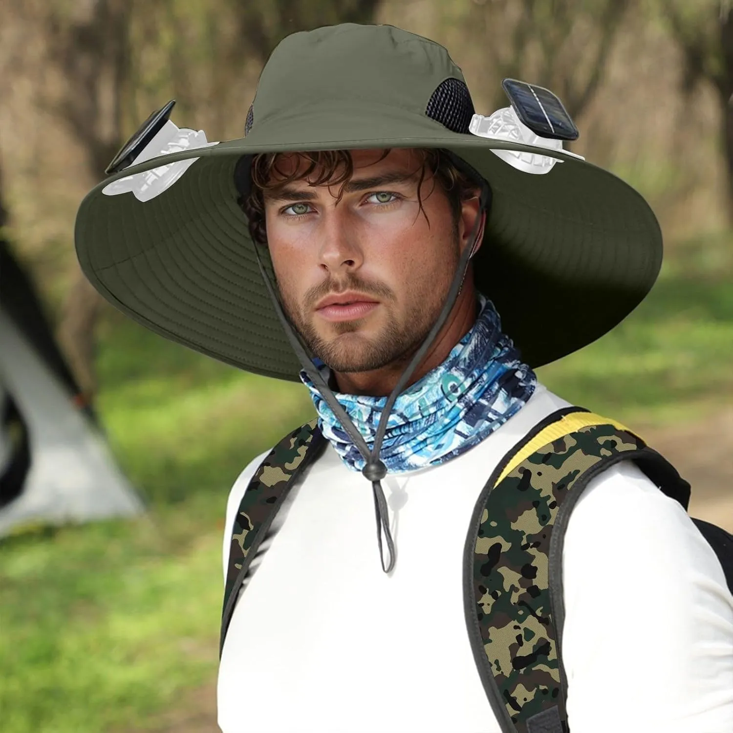 Outdoor Wide Brim Sun Hat with 3 Solar Fan Sun Bucket Hat for Men Women Bucket Fishing & Beach Hat with Fan Built in
