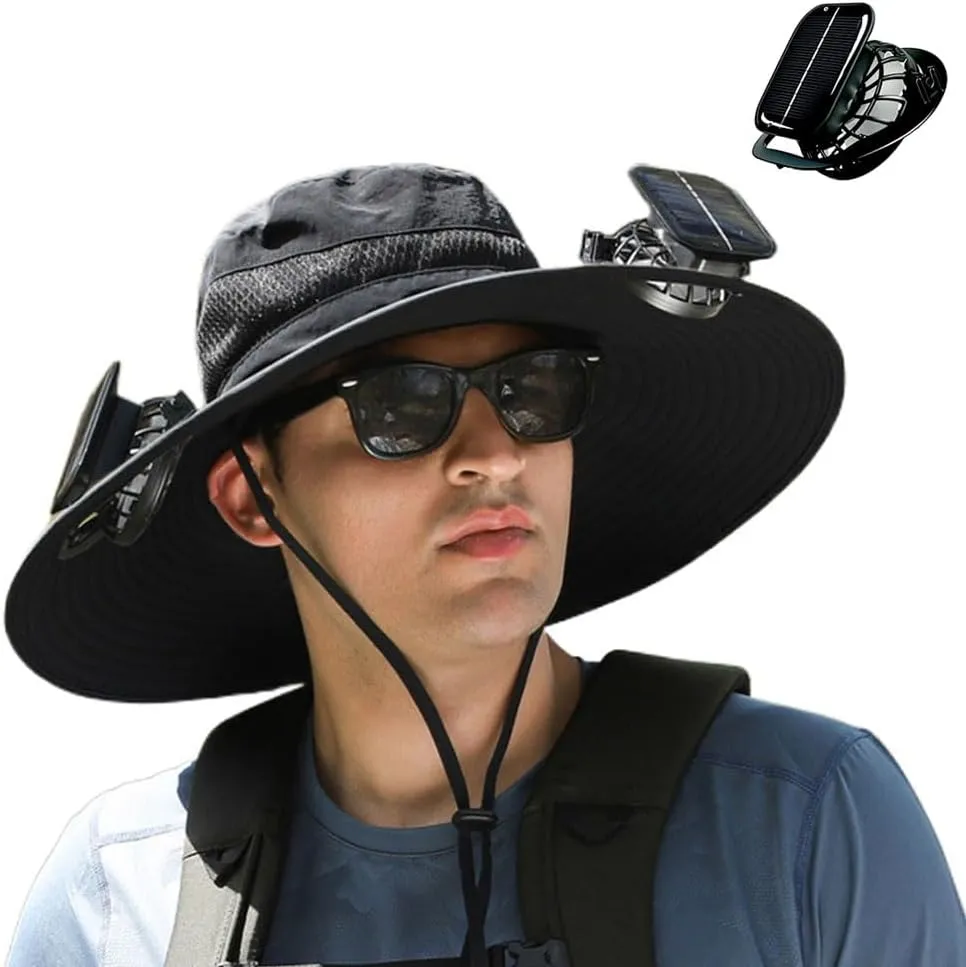 Outdoor Wide Brim Sun Hat with Solar Fan, 2025 New Ultralight Solar Powered Fan Sun Hat with 2 Solar Fan for Work Fishing