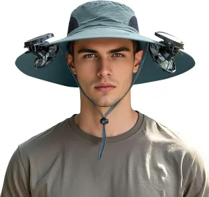 Outdoor Wide Brim Sun Hat with Solar Fan,UPF 50  Sun Hat with 2 Solar Fan Power,Removable USB Charging Fan,Fishing Bucket Hat