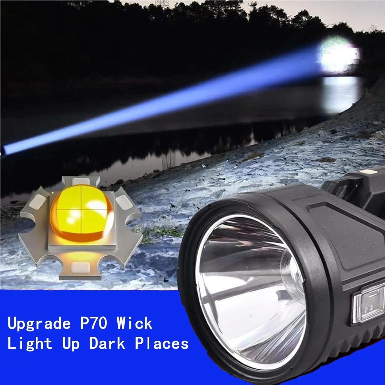P70 Super Bright Double-Head Spotlight Portable LED Flashlight,High Lumens Powerful Handheld Searchlight,Rechargeable Solar Tactical Torch,Waterproof,6 Lights Modes (M)