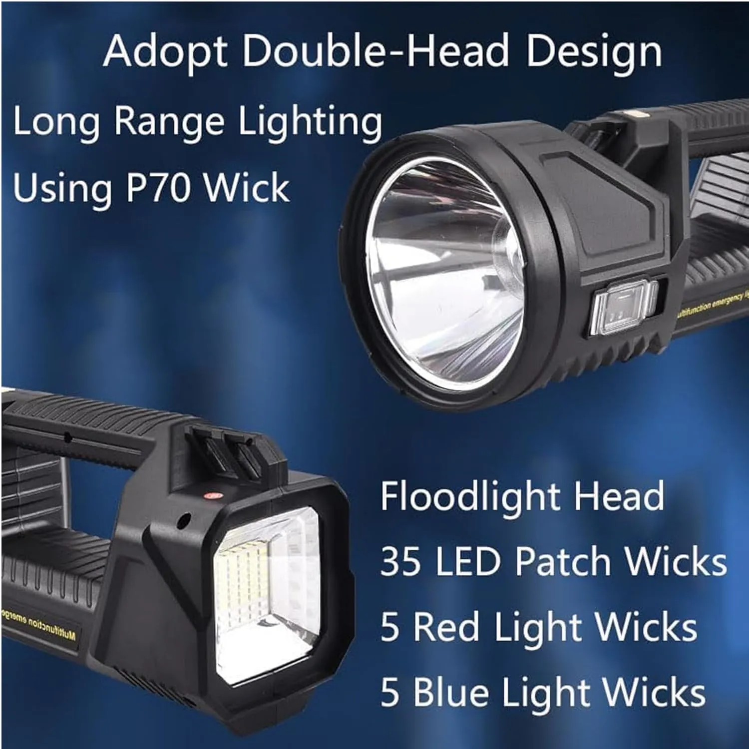 P70 Super Bright Double-Head Spotlight Portable LED Flashlight,High Lumens Powerful Handheld Searchlight,Rechargeable Solar Tactical Torch,Waterproof,6 Lights Modes (M)