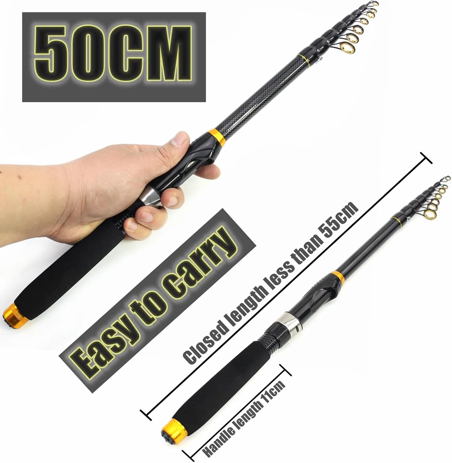 Pack of 1 Carbon Fiber Fishing Rod Super Short Pocket Portable Spinning Pole Telescopic Carp Trout Beach Fishing