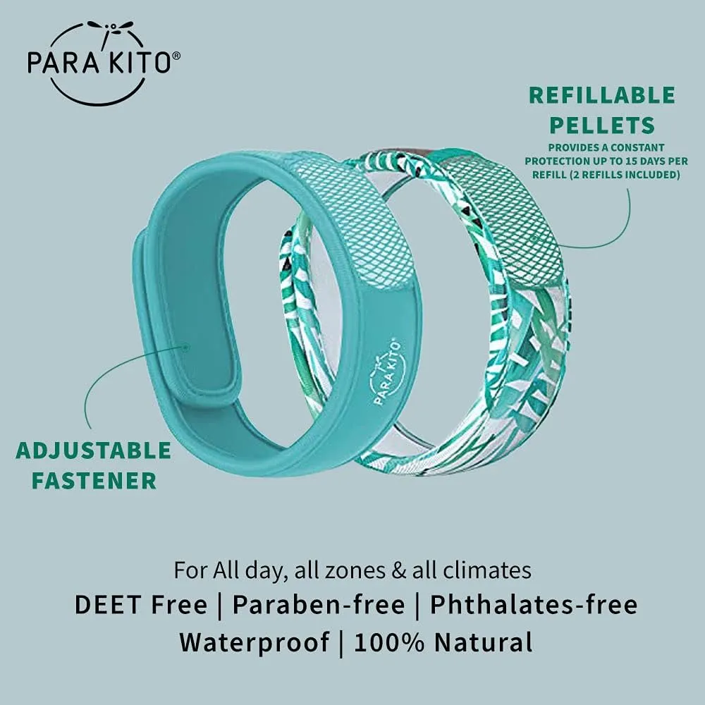 PARA'KITO Mosquito Repellent Bonus Pack - 2 Wristbands | 2 Refills (Turquoise   Foliage)