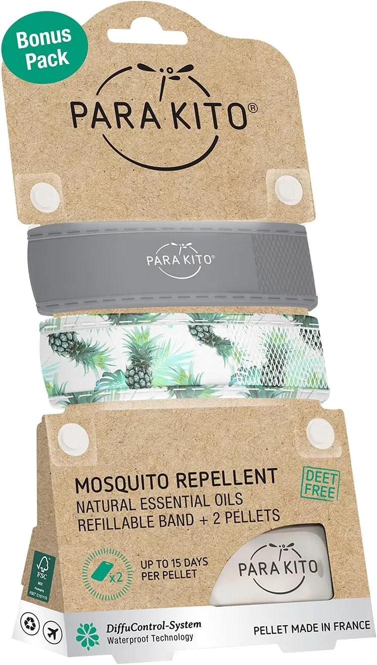 PARA'KITO Mosquito Repellent Bracelets   Refill Pellets Bundle, Mosquito Bracelets, Peppermint Oil, DEET Free Mosquito Repeller, Hiking Accessories, 2 Wristbands & 2 Refills (Smokey Grey Pineapple)