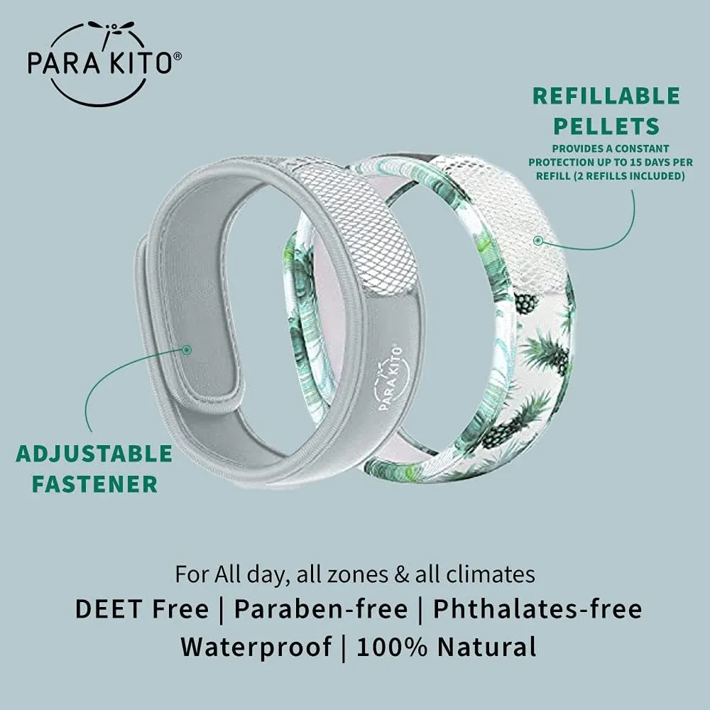 PARA'KITO Mosquito Repellent Bracelets   Refill Pellets Bundle, Mosquito Bracelets, Peppermint Oil, DEET Free Mosquito Repeller, Hiking Accessories, 2 Wristbands & 2 Refills (Smokey Grey Pineapple)