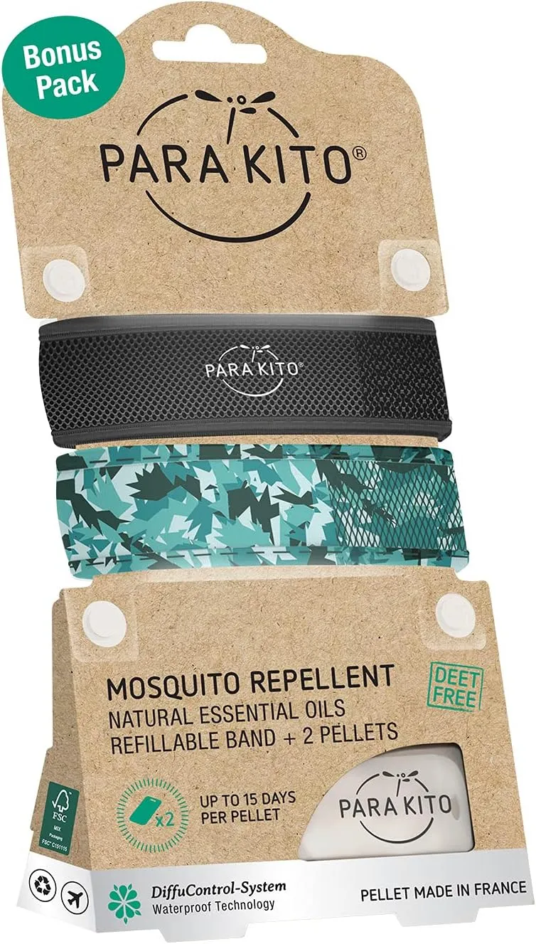 PARA'KITO Mosquito Repellent Bracelets   Refill Pellets Bundle | w/Peppermint Oil, Essential Oils | Hiking & Camping Accessories | Paraben Free, DEET Free - 2 Wristbands & 2 Refills (Black   Conceal)