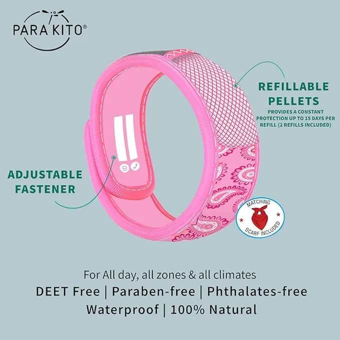 PARA'KITO Mosquito Repellent Bundle - Kids Insect Protection Bracelet   Bandana | Waterproof & DEET-Free Bug Spray Alternative for Hiking, Camping Accessories, Summer Vacation Essentials (Pink)