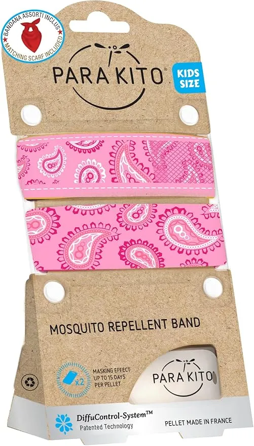 PARA'KITO Mosquito Repellent Bundle - Kids Insect Protection Bracelet   Bandana | Waterproof & DEET-Free Bug Spray Alternative for Hiking, Camping Accessories, Summer Vacation Essentials (Pink)