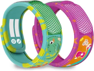 PARA'KITO Mosquito Repellent Pack - 2 Kids Wristbands & 2 Refills Green Dinosaur/Mermaid