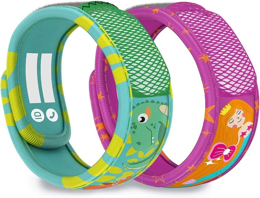 PARA'KITO Mosquito Repellent Pack - 2 Kids Wristbands & 2 Refills Green Dinosaur/Mermaid