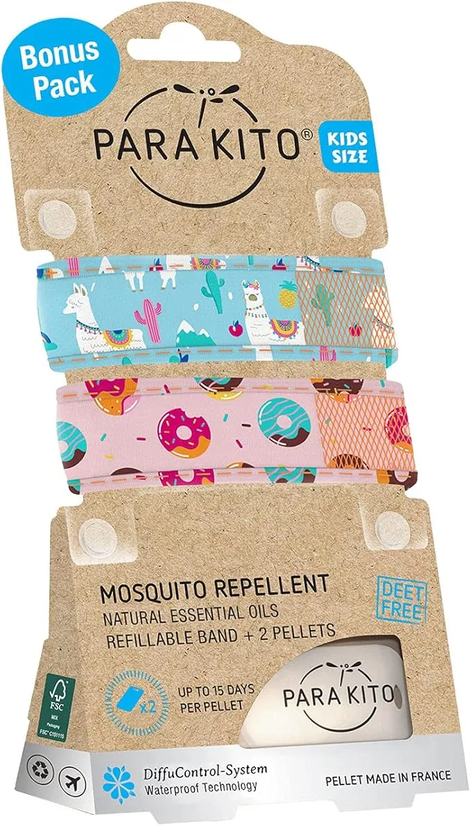 PARA'KITO Mosquito Repellent Pack - 2 Kids Wristbands & 2 Refills Llama/Donut