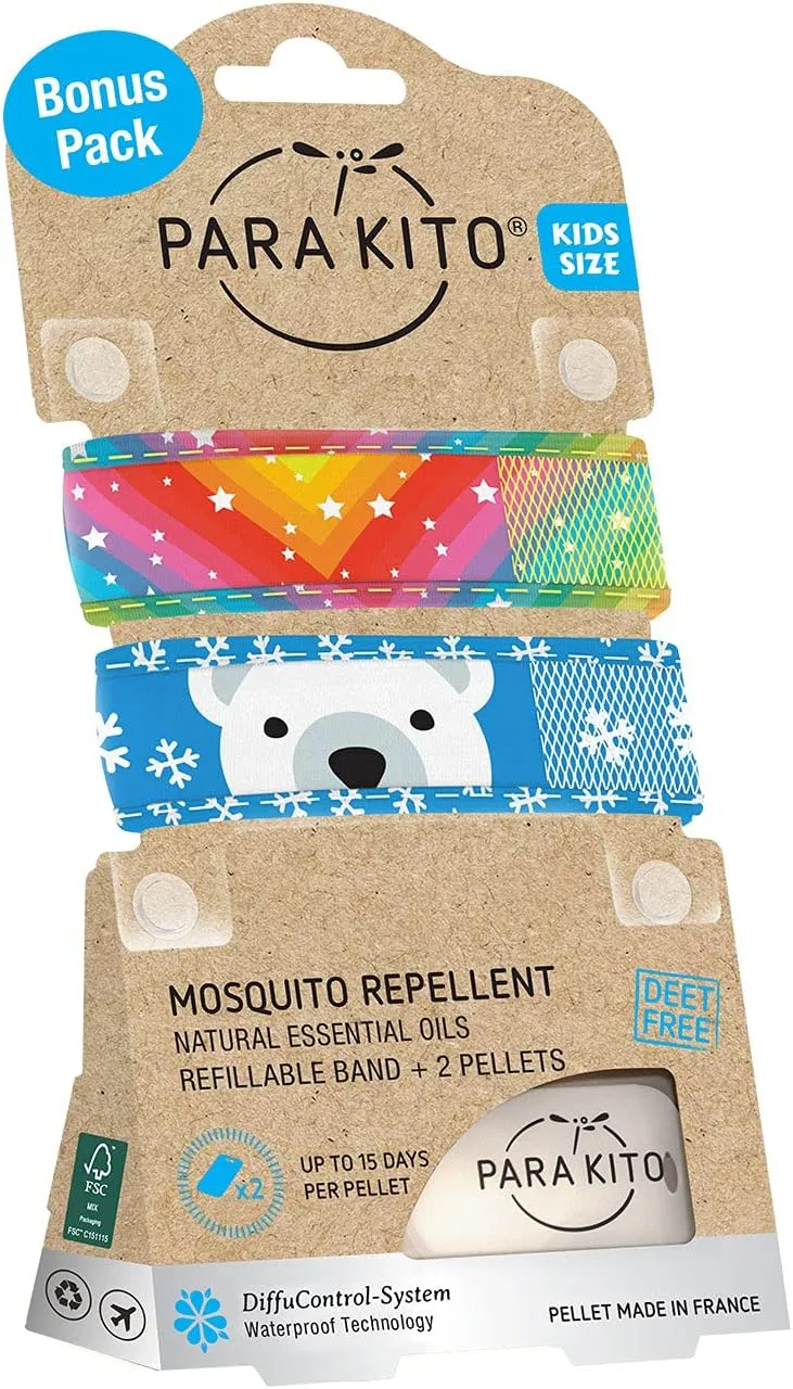 PARA'KITO Mosquito Repellent Pack - 2 Kids Wristbands & 2 Refills Rainbow/Polar Bear