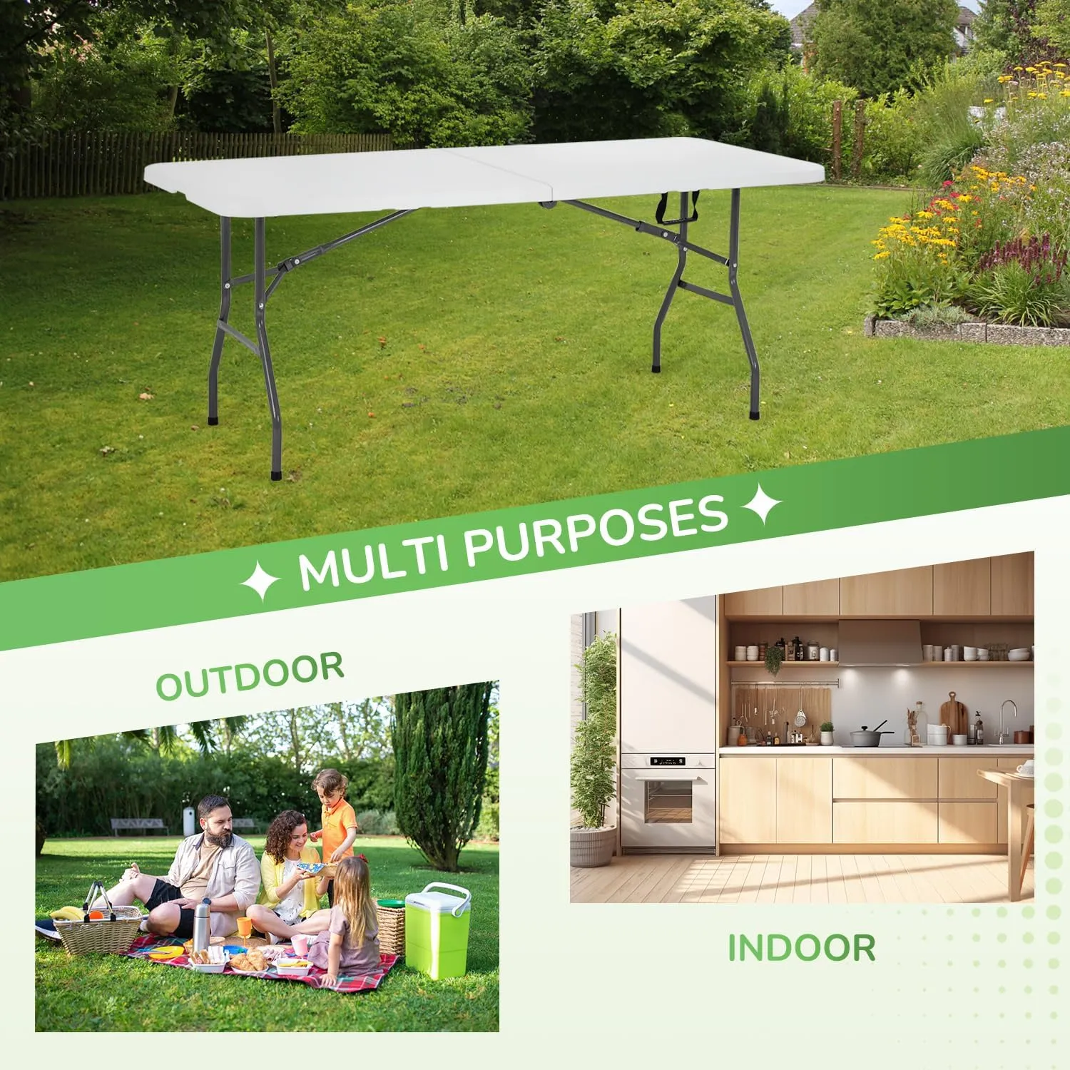 PayLessHere Folding Tables Plastic 6ft Half Portable Foldable Table for for Parties Wedding BBQ Camping, White 6 FT