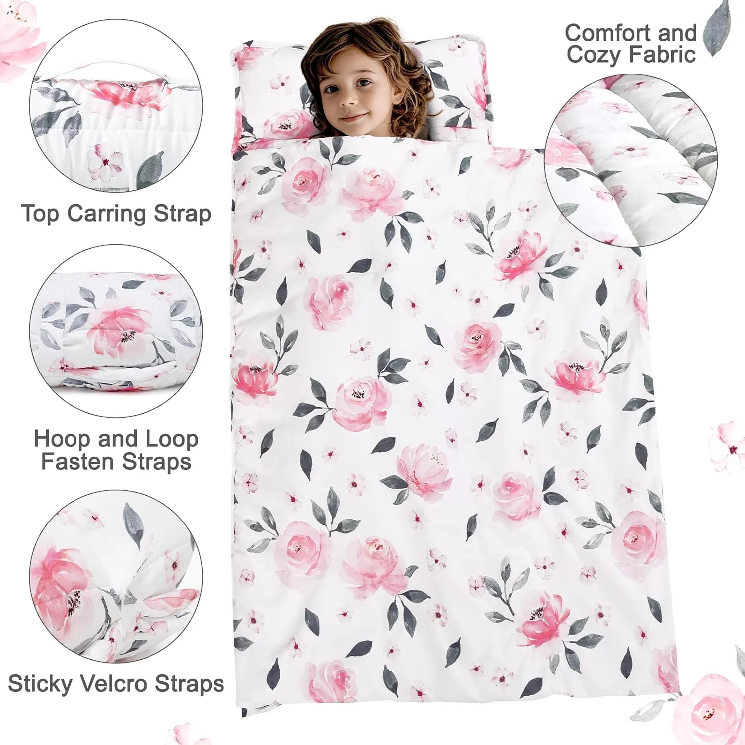 PHF Floral Toddler Nap Mat Set, with Removable Pillow for Toddler Girls, Soft and Lightweight for Daycare, Preschool, Travel, Kindergarten Sleeping Bag, Fits Ages 3-6 Years, Pink Floral