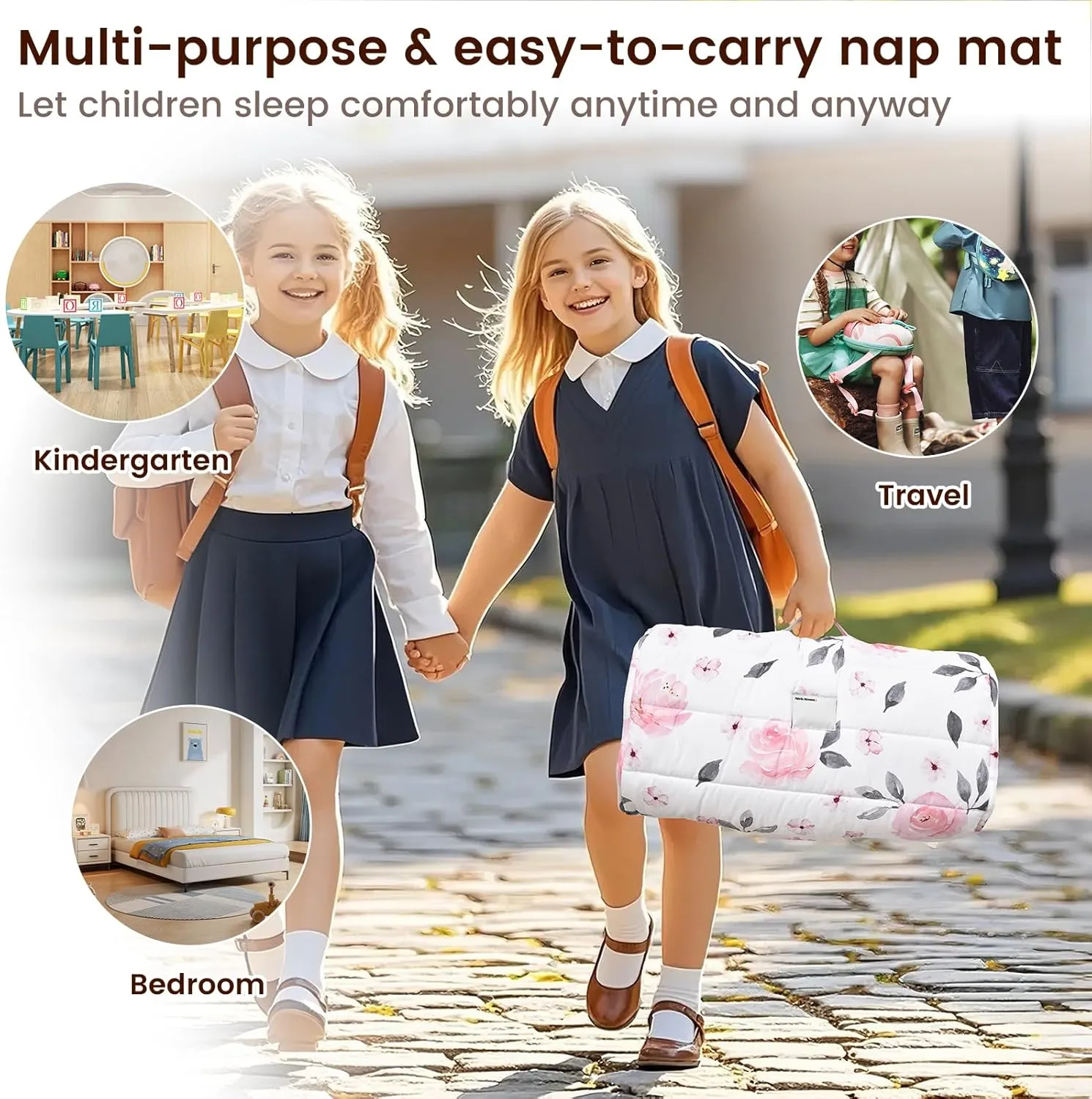 PHF Floral Toddler Nap Mat Set, with Removable Pillow for Toddler Girls, Soft and Lightweight for Daycare, Preschool, Travel, Kindergarten Sleeping Bag, Fits Ages 3-6 Years, Pink Floral