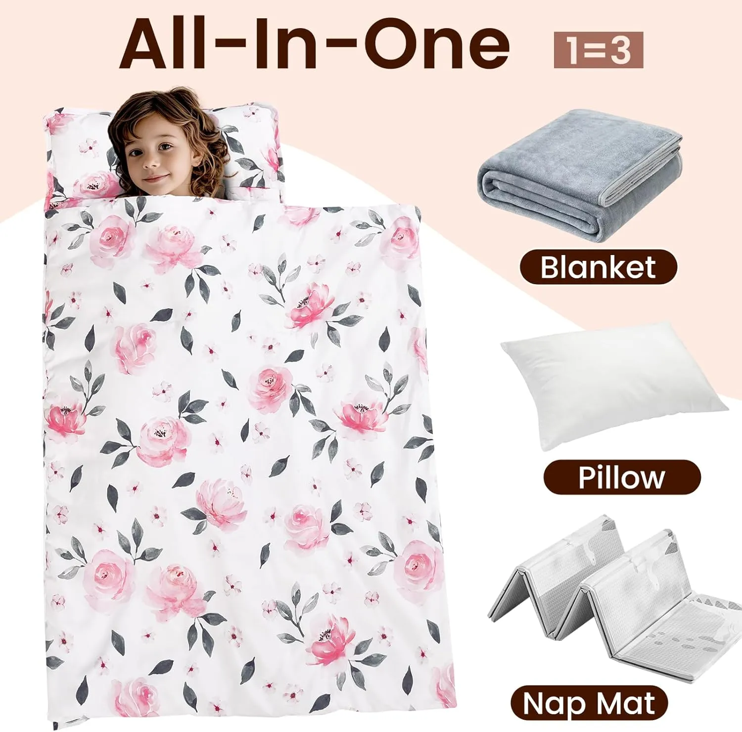 PHF Floral Toddler Nap Mat Set, with Removable Pillow for Toddler Girls, Soft and Lightweight for Daycare, Preschool, Travel, Kindergarten Sleeping Bag, Fits Ages 3-6 Years, Pink Floral