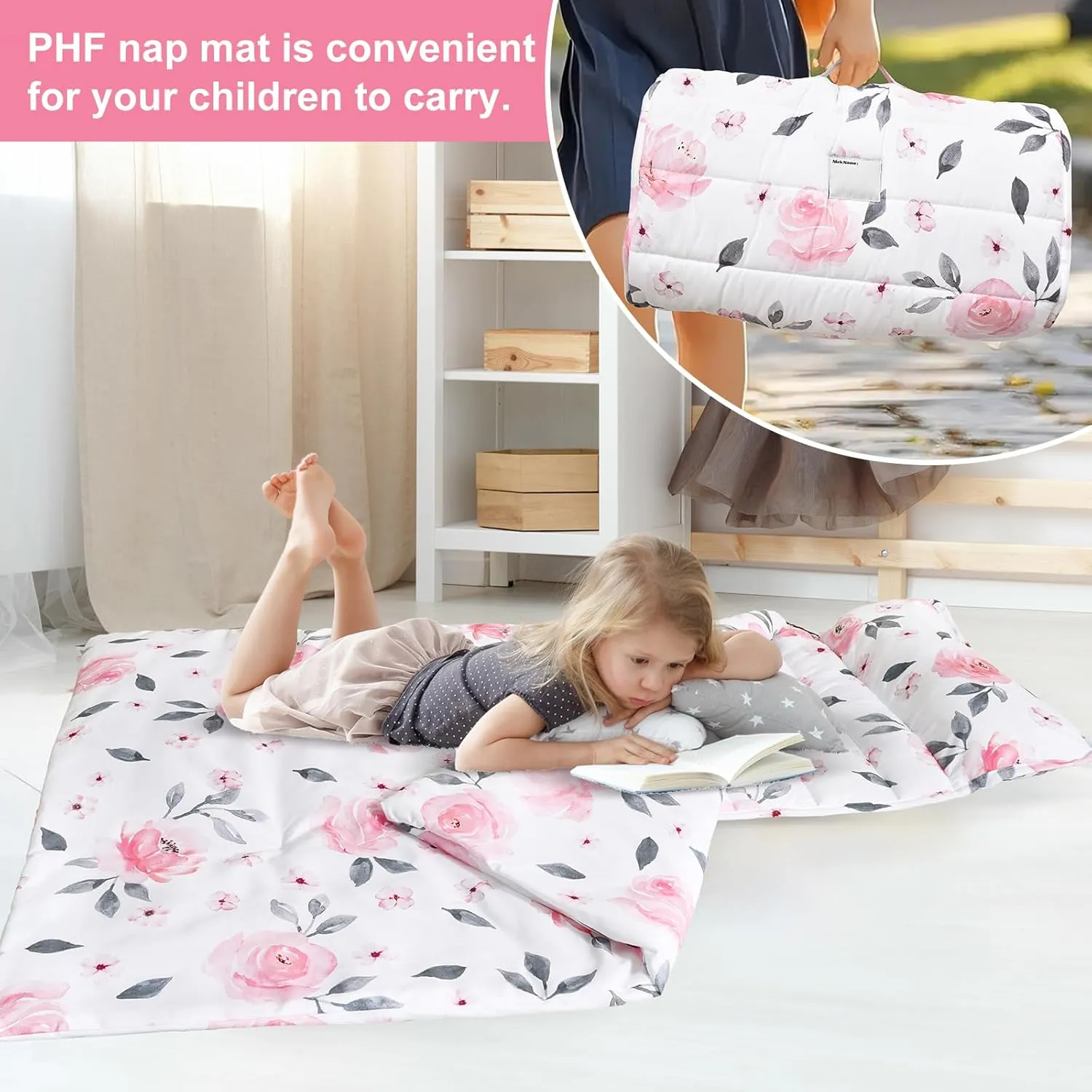 PHF Floral Toddler Nap Mat Set, with Removable Pillow for Toddler Girls, Soft and Lightweight for Daycare, Preschool, Travel, Kindergarten Sleeping Bag, Fits Ages 3-6 Years, Pink Floral