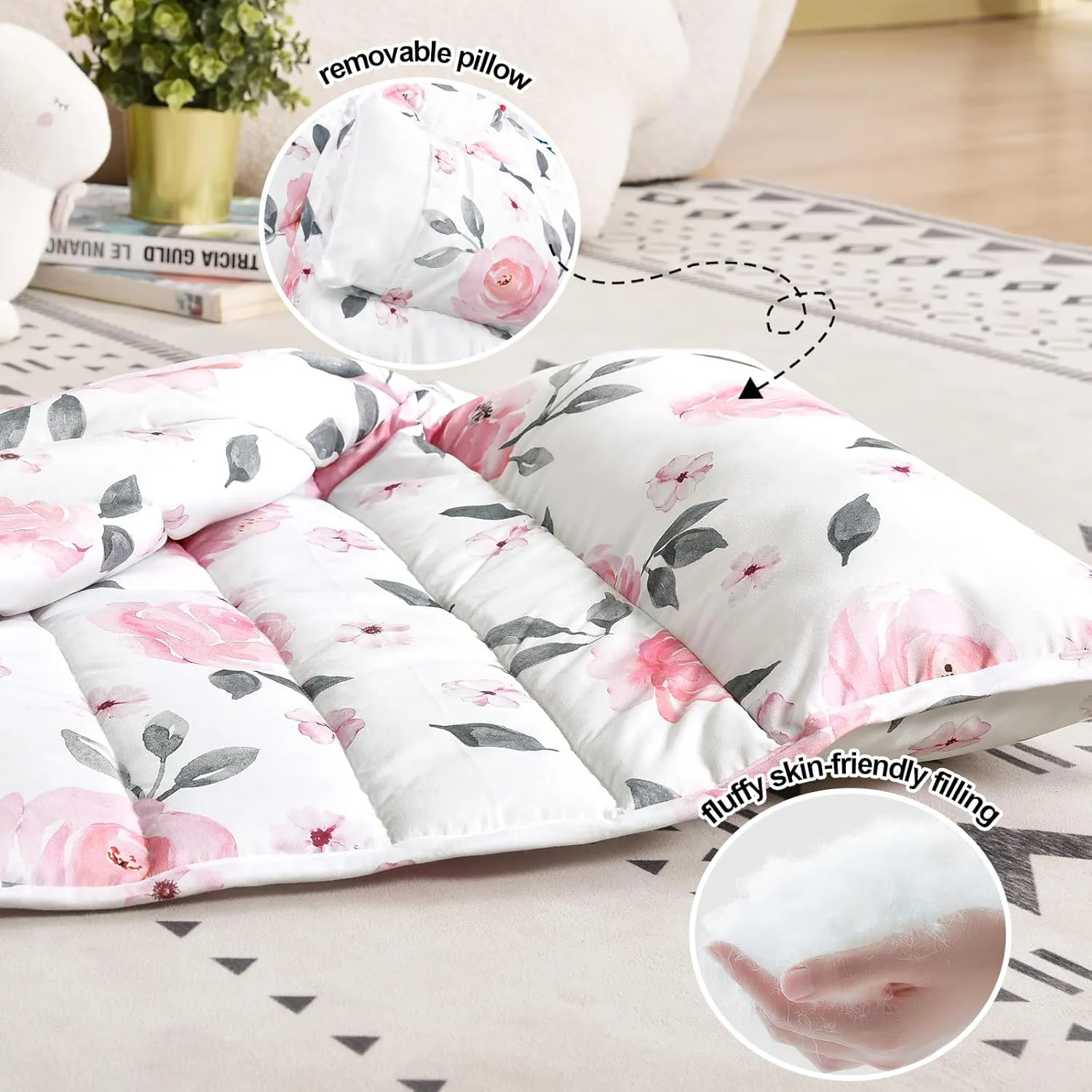 PHF Floral Toddler Nap Mat Set, with Removable Pillow for Toddler Girls, Soft and Lightweight for Daycare, Preschool, Travel, Kindergarten Sleeping Bag, Fits Ages 3-6 Years, Pink Floral