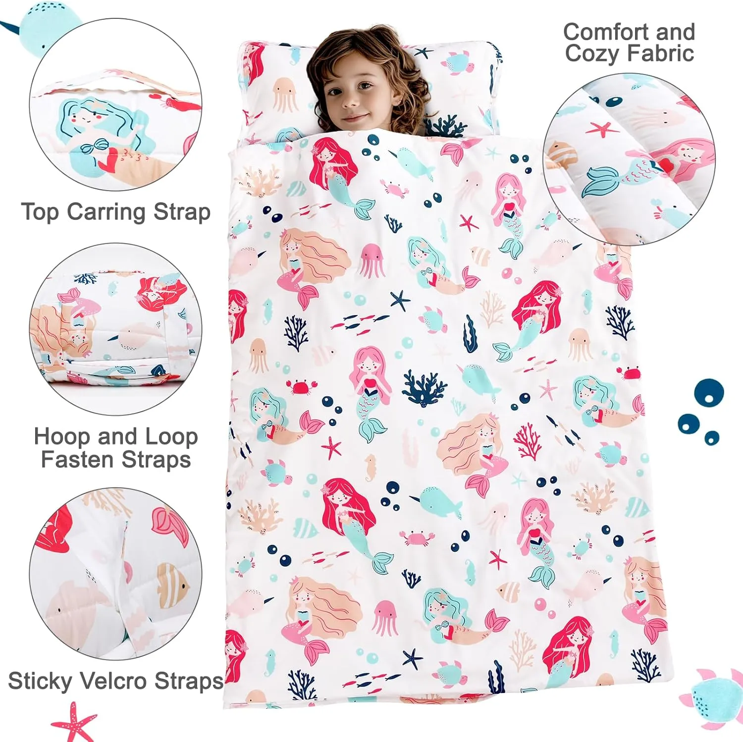 PHF Mermaid Toddler Nap Mat Set, with Removable Pillow for Toddler Girls, Soft and Lightweight for Daycare, Preschool, Travel, Kindergarten Sleeping Bag, Fits Ages 3-6 Years, Mermaid