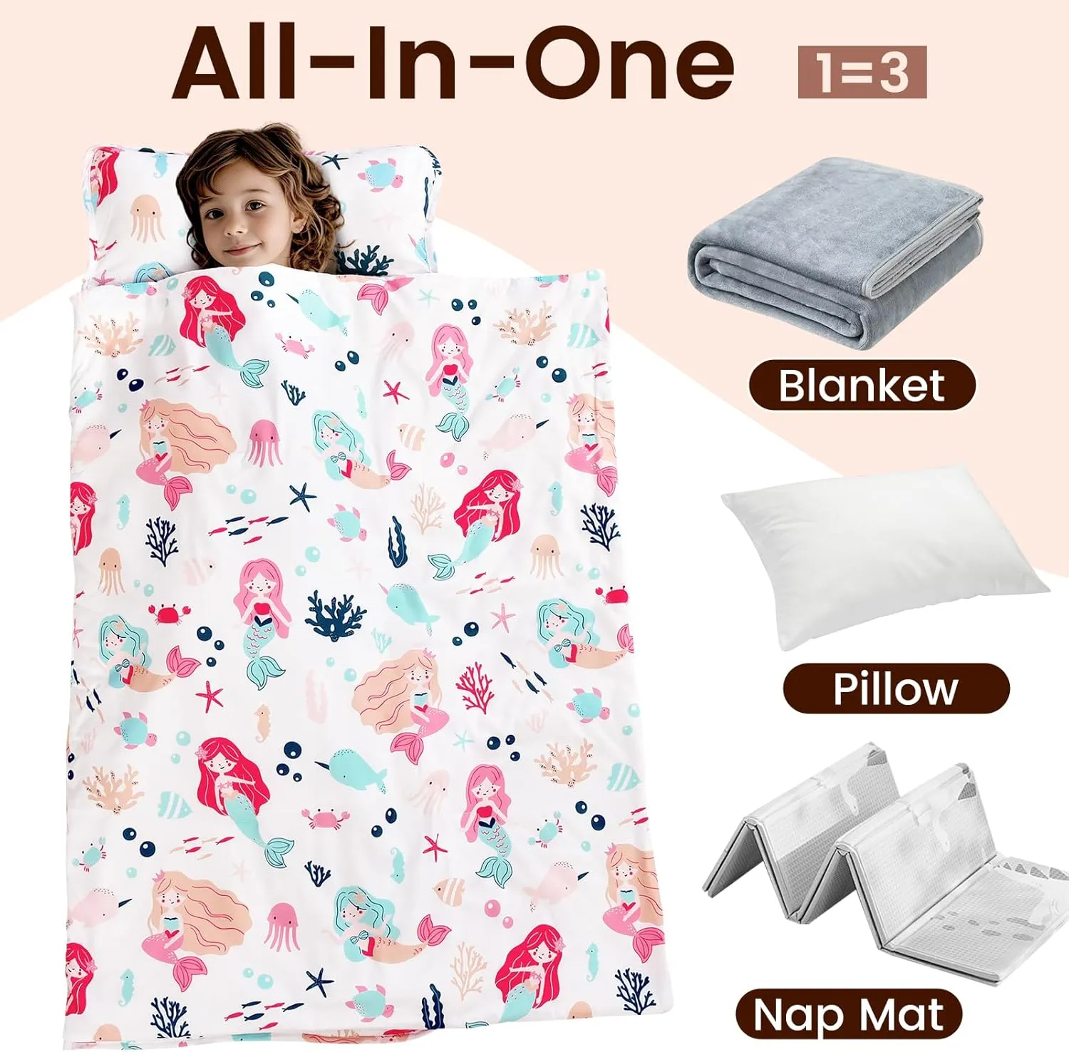 PHF Mermaid Toddler Nap Mat Set, with Removable Pillow for Toddler Girls, Soft and Lightweight for Daycare, Preschool, Travel, Kindergarten Sleeping Bag, Fits Ages 3-6 Years, Mermaid