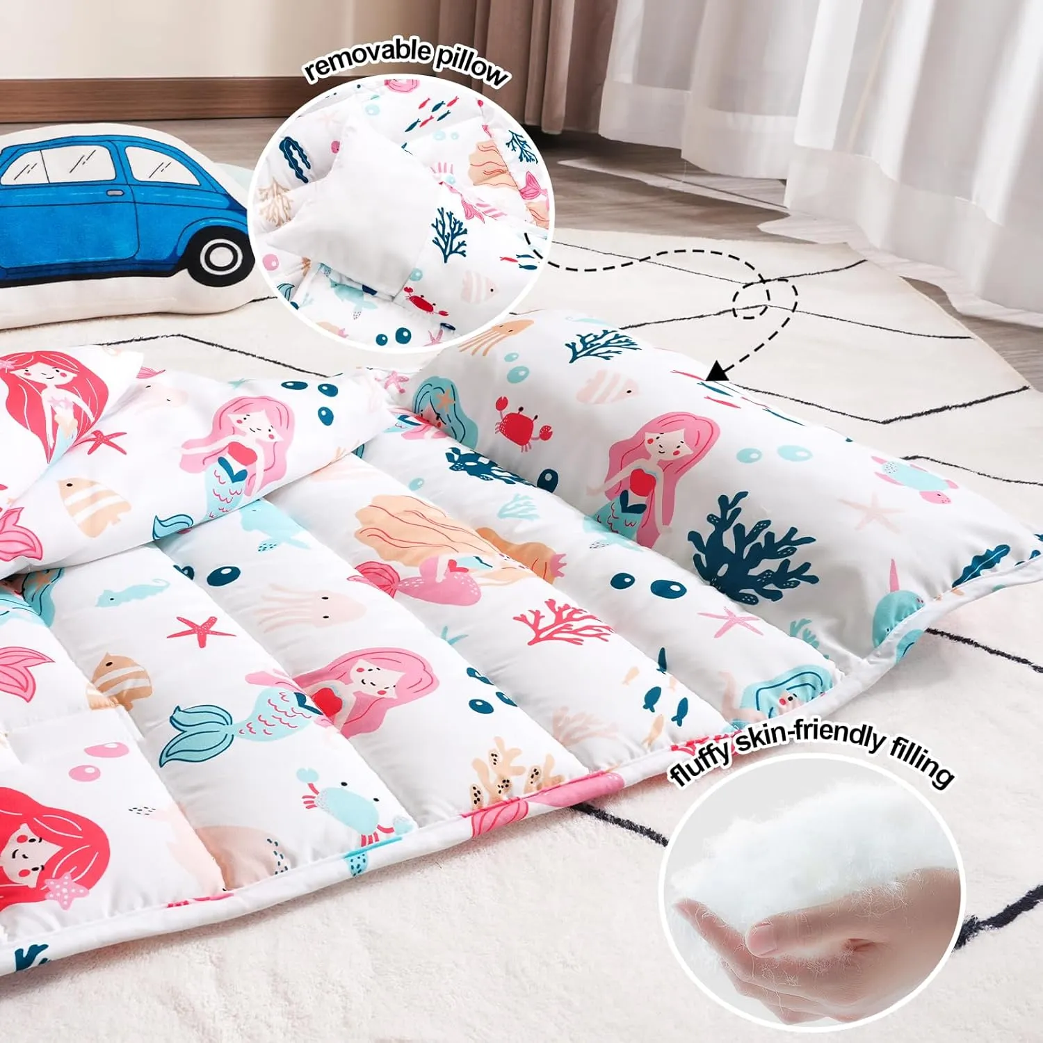 PHF Mermaid Toddler Nap Mat Set, with Removable Pillow for Toddler Girls, Soft and Lightweight for Daycare, Preschool, Travel, Kindergarten Sleeping Bag, Fits Ages 3-6 Years, Mermaid