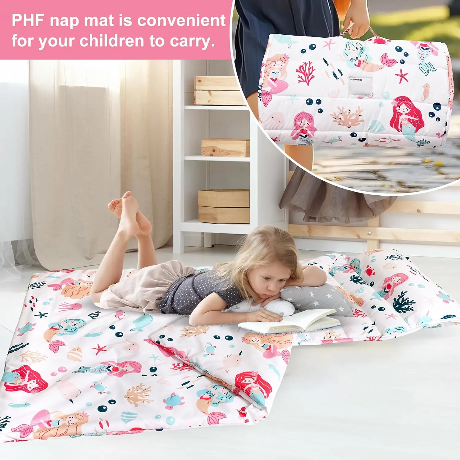 PHF Mermaid Toddler Nap Mat Set, with Removable Pillow for Toddler Girls, Soft and Lightweight for Daycare, Preschool, Travel, Kindergarten Sleeping Bag, Fits Ages 3-6 Years, Mermaid