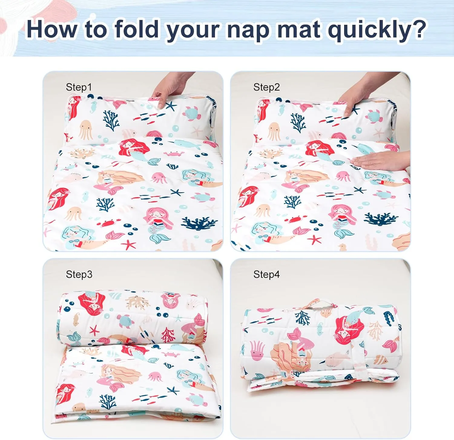 PHF Mermaid Toddler Nap Mat Set, with Removable Pillow for Toddler Girls, Soft and Lightweight for Daycare, Preschool, Travel, Kindergarten Sleeping Bag, Fits Ages 3-6 Years, Mermaid