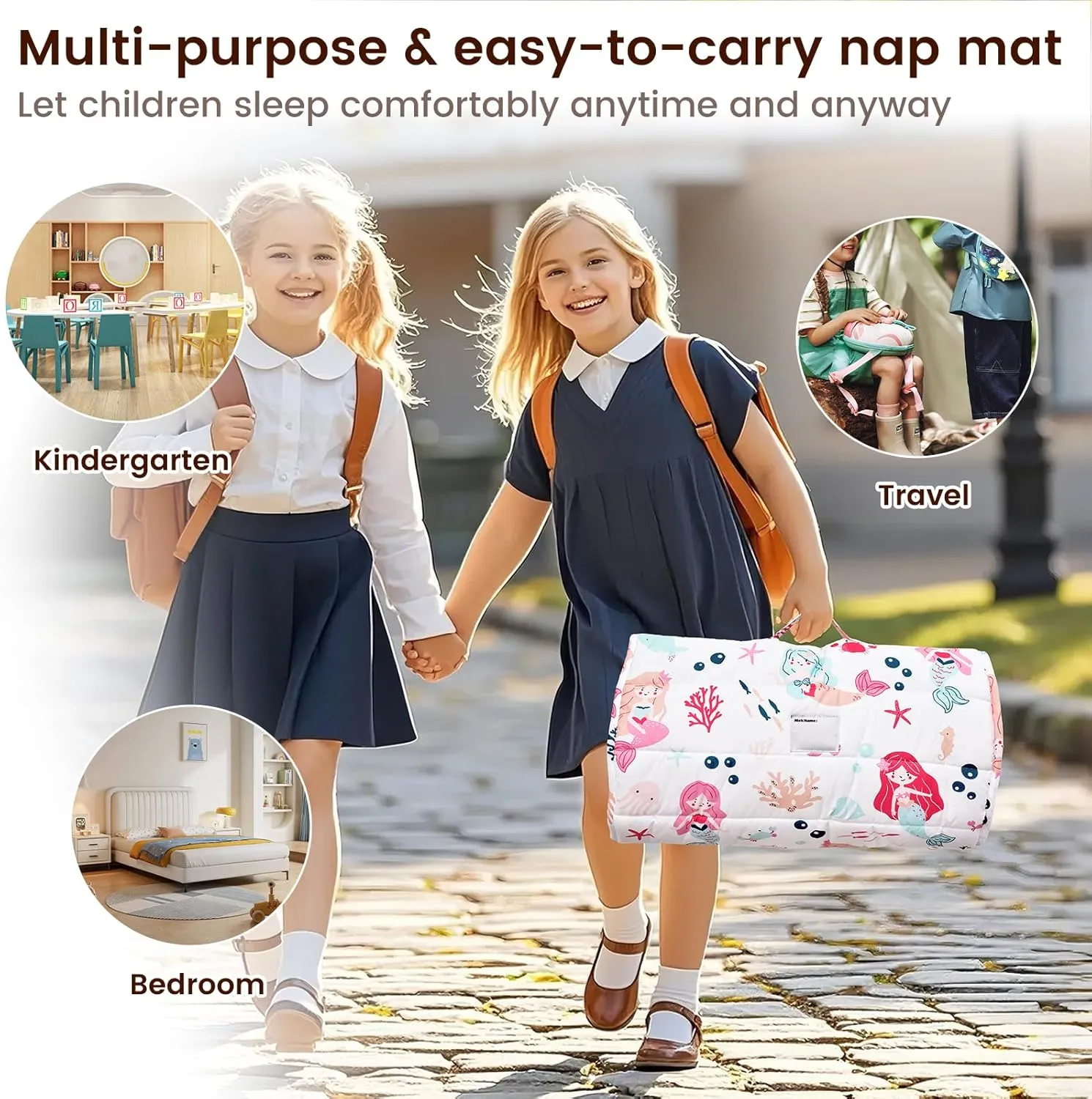PHF Mermaid Toddler Nap Mat Set, with Removable Pillow for Toddler Girls, Soft and Lightweight for Daycare, Preschool, Travel, Kindergarten Sleeping Bag, Fits Ages 3-6 Years, Mermaid