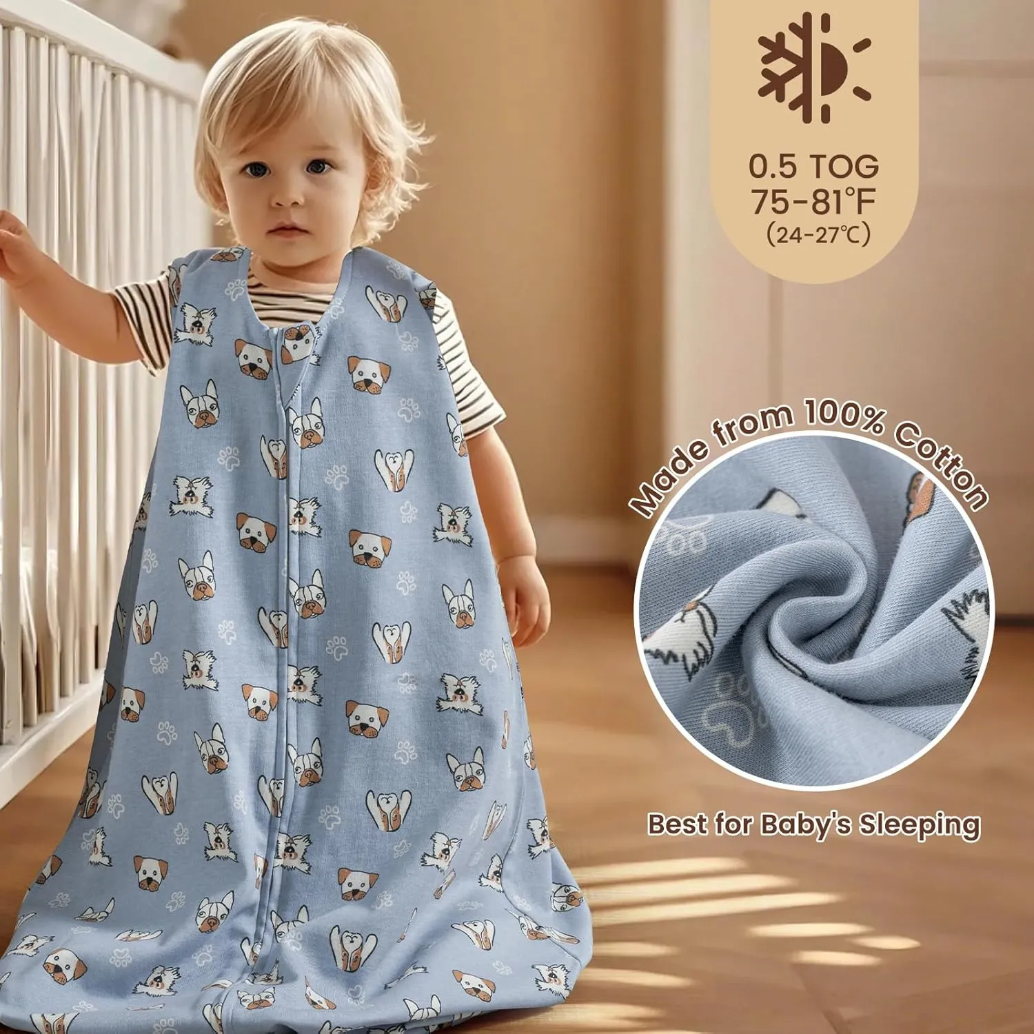PHF Soft Baby Sleep Sack 6-12 Months 100% Cotton Wearable Blanket, 2-Way Zipper 0.5 TOG Toddler Sleeping Sack 3 Pack, Comfy Sleep Bag for Baby Boys Girls, Pets Dogs (Medium)