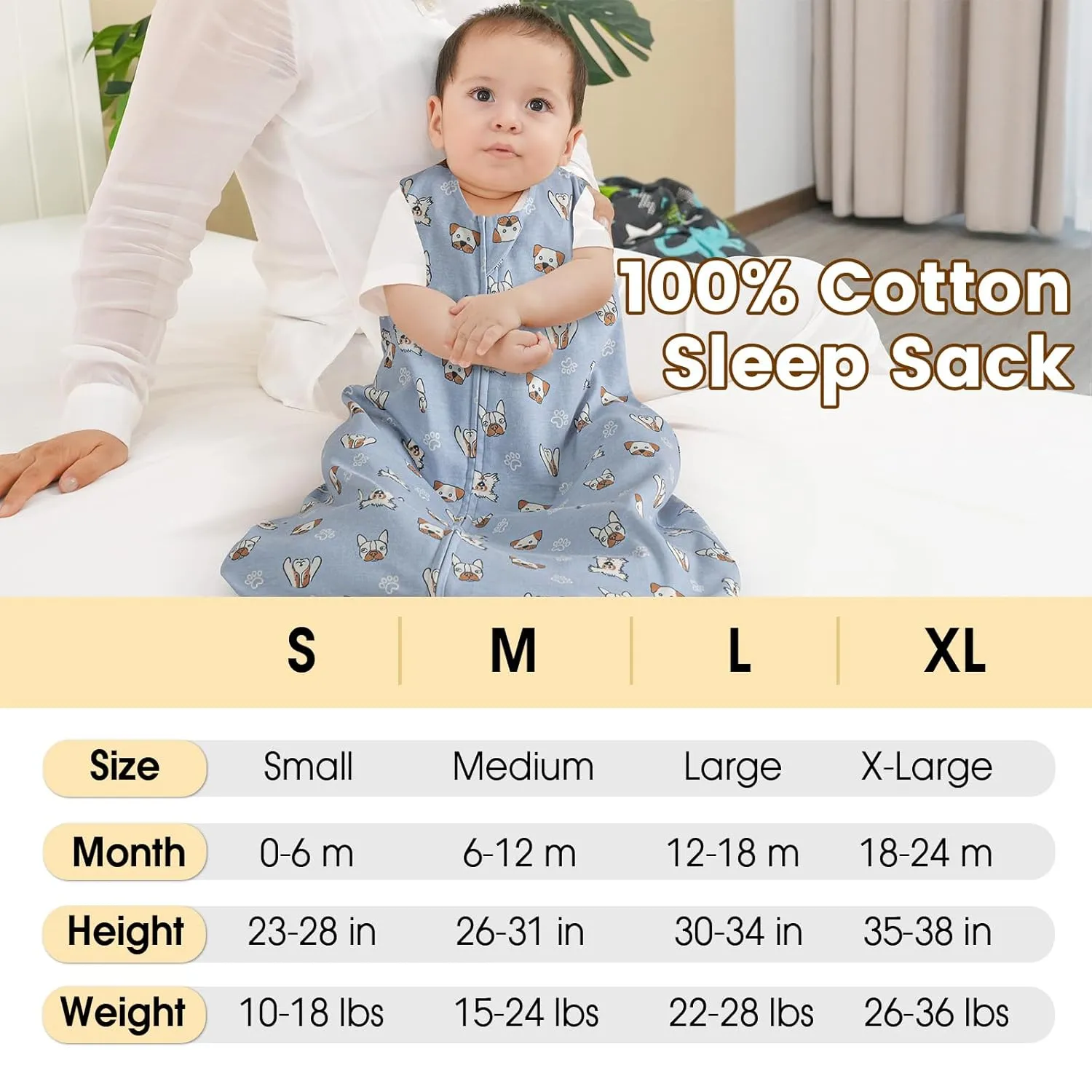 PHF Soft Baby Sleep Sack 6-12 Months 100% Cotton Wearable Blanket, 2-Way Zipper 0.5 TOG Toddler Sleeping Sack 3 Pack, Comfy Sleep Bag for Baby Boys Girls, Pets Dogs (Medium)