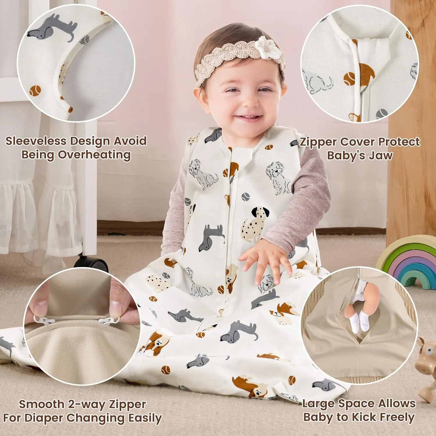 PHF Soft Baby Sleep Sack 6-12 Months 100% Cotton Wearable Blanket, 2-Way Zipper 0.5 TOG Toddler Sleeping Sack 3 Pack, Comfy Sleep Bag for Baby Boys Girls, Pets Dogs (Medium)