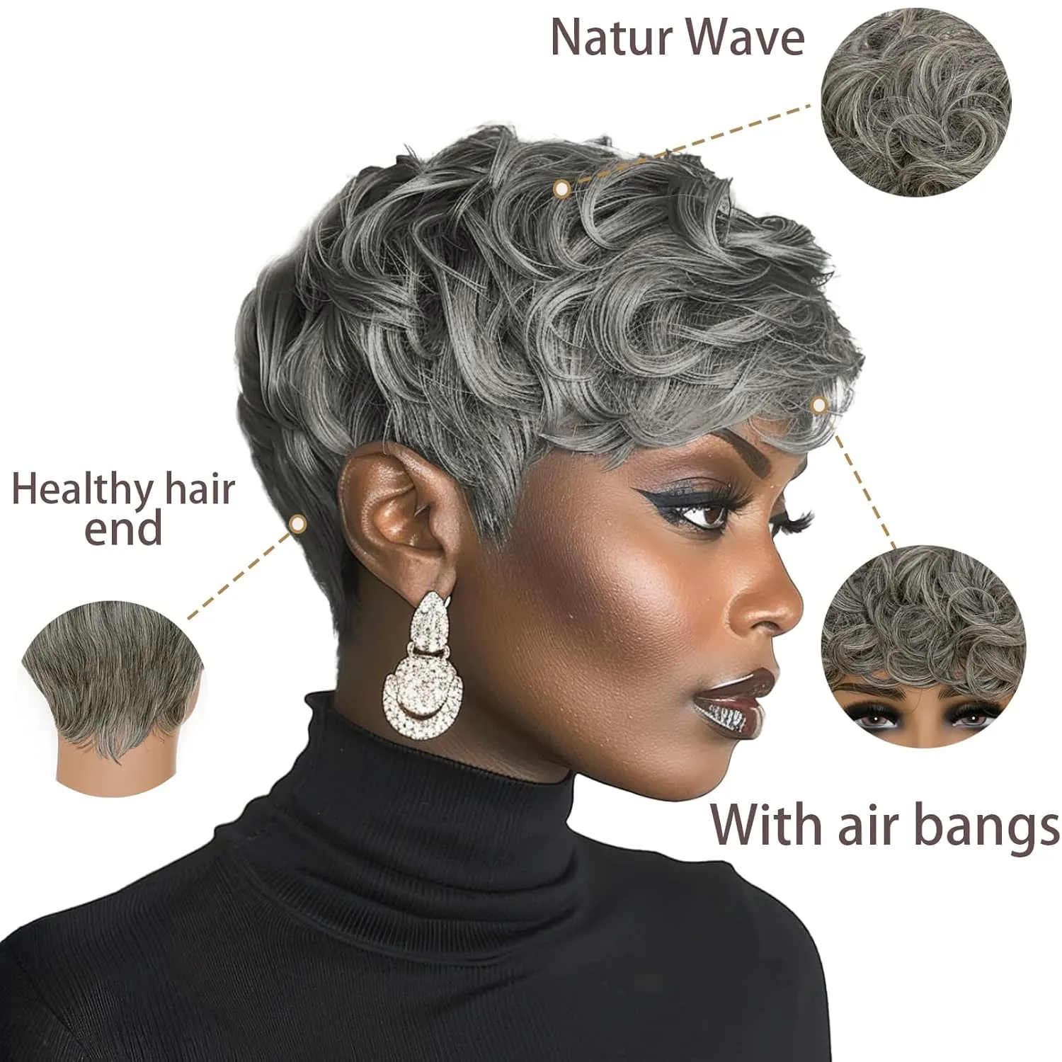 Pixie Cut Short Wigs For Black Women Salt And Pepper Mixed Grey Pixie Cut Wig For Black Women With Bangs Layered Grey Wigs(Black Mixed With White)