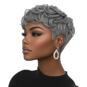 Pixie Cut Short Wigs For Black Women Salt And Pepper Mixed Grey Pixie Cut Wig For Black Women With Bangs Layered Grey Wigs(Black Mixed With White)