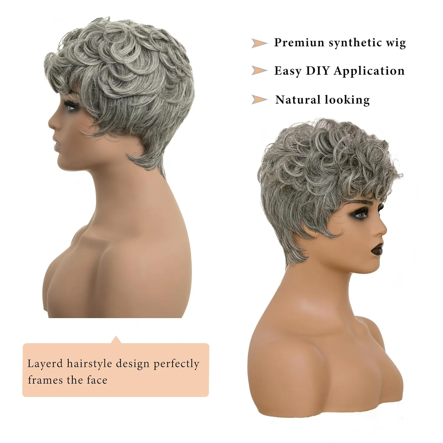 Pixie Cut Short Wigs For Black Women Salt And Pepper Mixed Grey Pixie Cut Wig For Black Women With Bangs Layered Grey Wigs(Black Mixed With White)