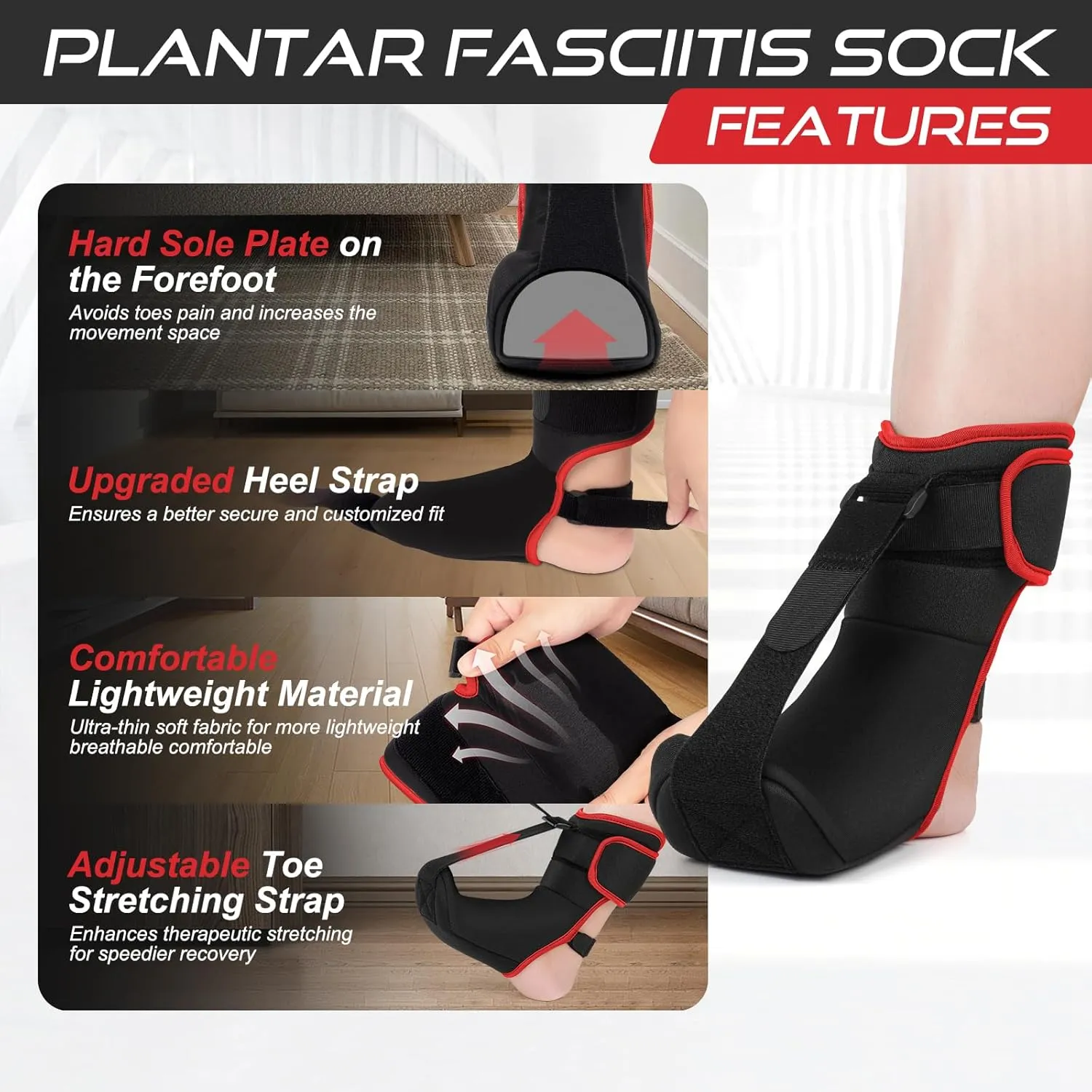 Plantar Fasciitis Night Splint Sock: Soft Plantar Fasciitis Brace with Arch Support for Sleeping Achilles Tendonitis Foot Drop Heel Pain - Plantar Fasciitis Relief for Women and Men Black-Red (Medium)