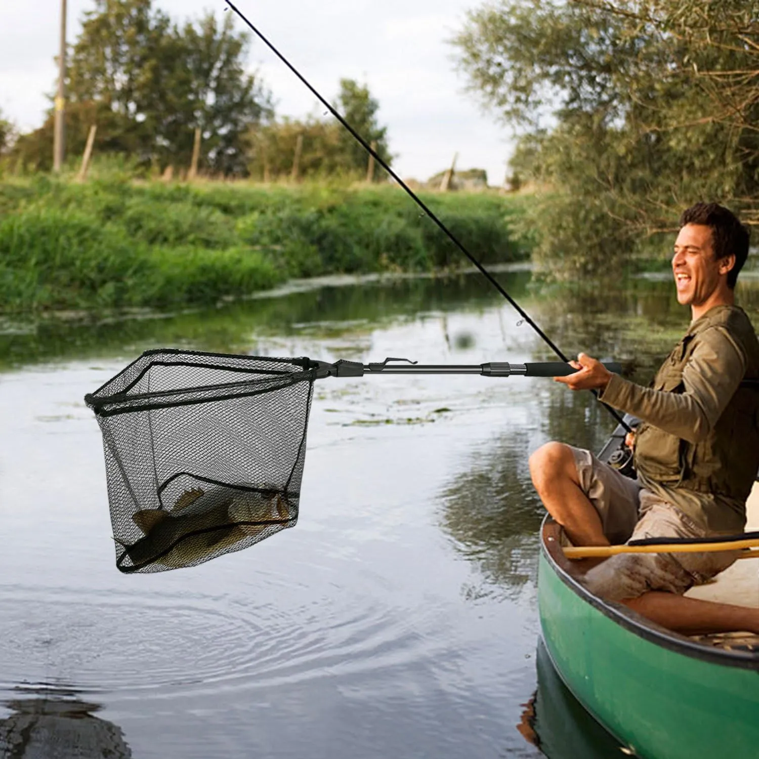 PLUSINNO Fishing Net Fish Landing Net, Foldable Collapsible Telescopic Pole Handle, Durable Nylon Material Mesh, Safe Fish Catching or Releasing