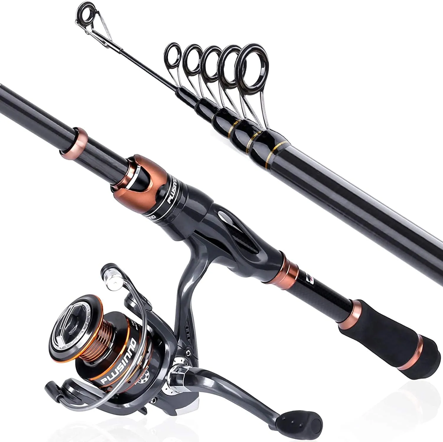 PLUSINNO Fishing Rod and Reel Combos, Bronze Warrior Toray 24-Ton Carbon Matrix Telescopic Fishing Rod Pole, 12  1 Shielded Bearings Stainless Steel BB Spinning Reel, Travel Freshwater Fishing Gear