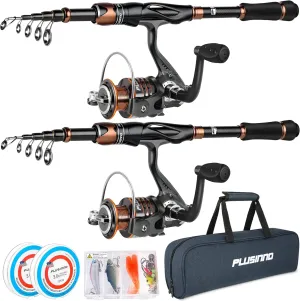 PLUSINNO Fishing Rod and Reel Combos, Bronze Warrior Toray 24-Ton Carbon Matrix Telescopic Fishing Rod Pole, 12  1 Shielded Bearings Stainless Steel BB Spinning Reel, Travel Freshwater Fishing Gear