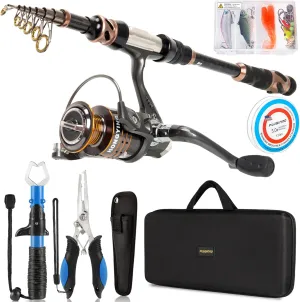 PLUSINNO Fishing Rod and Reel Combos - Carbon Fiber Telescopic Fishing Pole - Spinning Reel 12  1 Shielded Bearings Stainless Steel BB