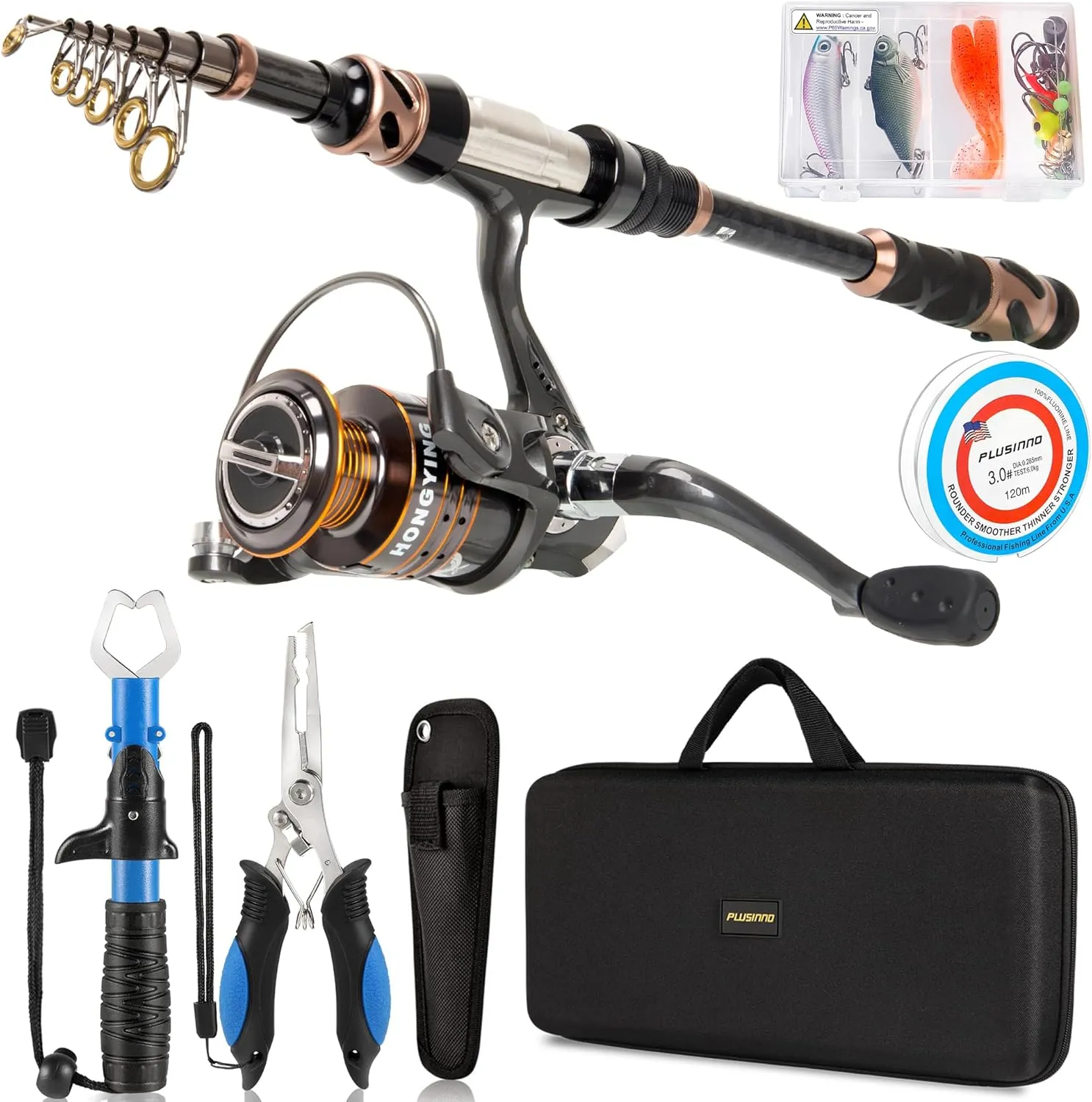 PLUSINNO Fishing Rod and Reel Combos - Carbon Fiber Telescopic Fishing Pole - Spinning Reel 12  1 Shielded Bearings Stainless Steel BB