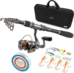 PLUSINNO Fishing Rod, Telescopic Fishing Rod and Reel Combo, Collapsible Travel Fishing Pole Rod Starter Kit, Carbon Fiber Fishing Rods and 12  1 Bearings Stainless Steel, Fishing Gifts for Men Adults